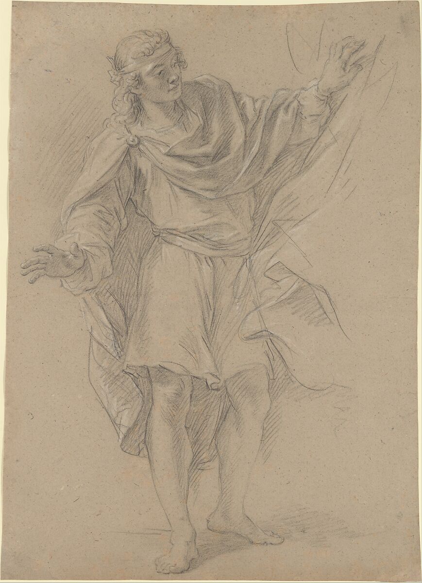 Man Pulling a Curtain Aside, Etienne Parrocel (French, Avignon 1696–1776 Rouen), Black and white chalk on buff paper 