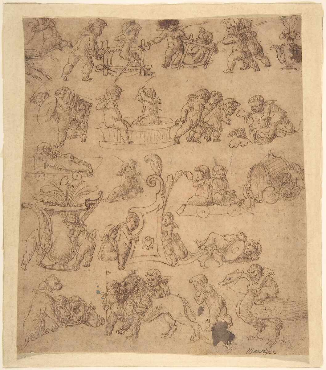 Studies of Putti, Anonymous, Italian, Paduan, second half of the 15th century, Pen and brown ink on cream paper washed light-brown 
