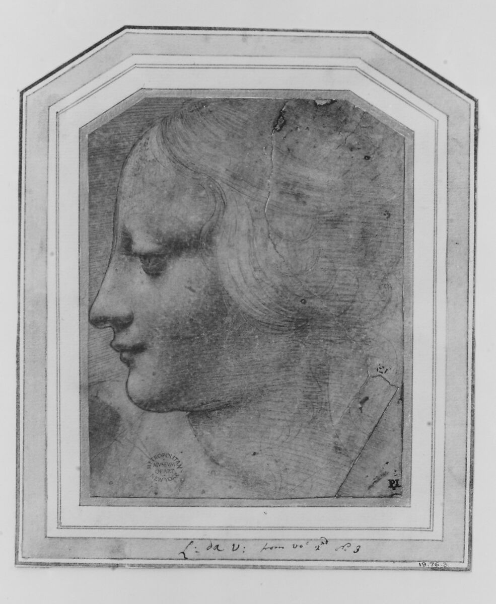 The Head of a Woman in Profile Facing Left, Giovanni Antonio Boltraffio (Italian, Milanese, 1467–1516), Silverpoint and leadpoint, highlighted with white gouache, on pale blue-gray (indigo) prepared paper. Media tested by the Department of Scientific Research, The Metropolitan Museum of Art, with x-ray fluorescence spectroscopy (XRF) and fiber optics reflectance spectroscopy (FORS); October 1, 2019.