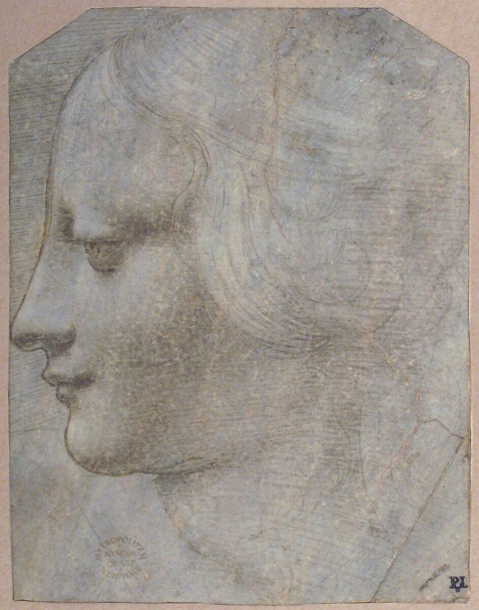 The Head of a Woman in Profile Facing Left, Giovanni Antonio Boltraffio (Italian, Milanese, 1467–1516), Silverpoint and leadpoint, highlighted with white gouache, on pale blue-gray (indigo) prepared paper. Media tested by the Department of Scientific Research, The Metropolitan Museum of Art, with x-ray fluorescence spectroscopy (XRF) and fiber optics reflectance spectroscopy (FORS); October 1, 2019.