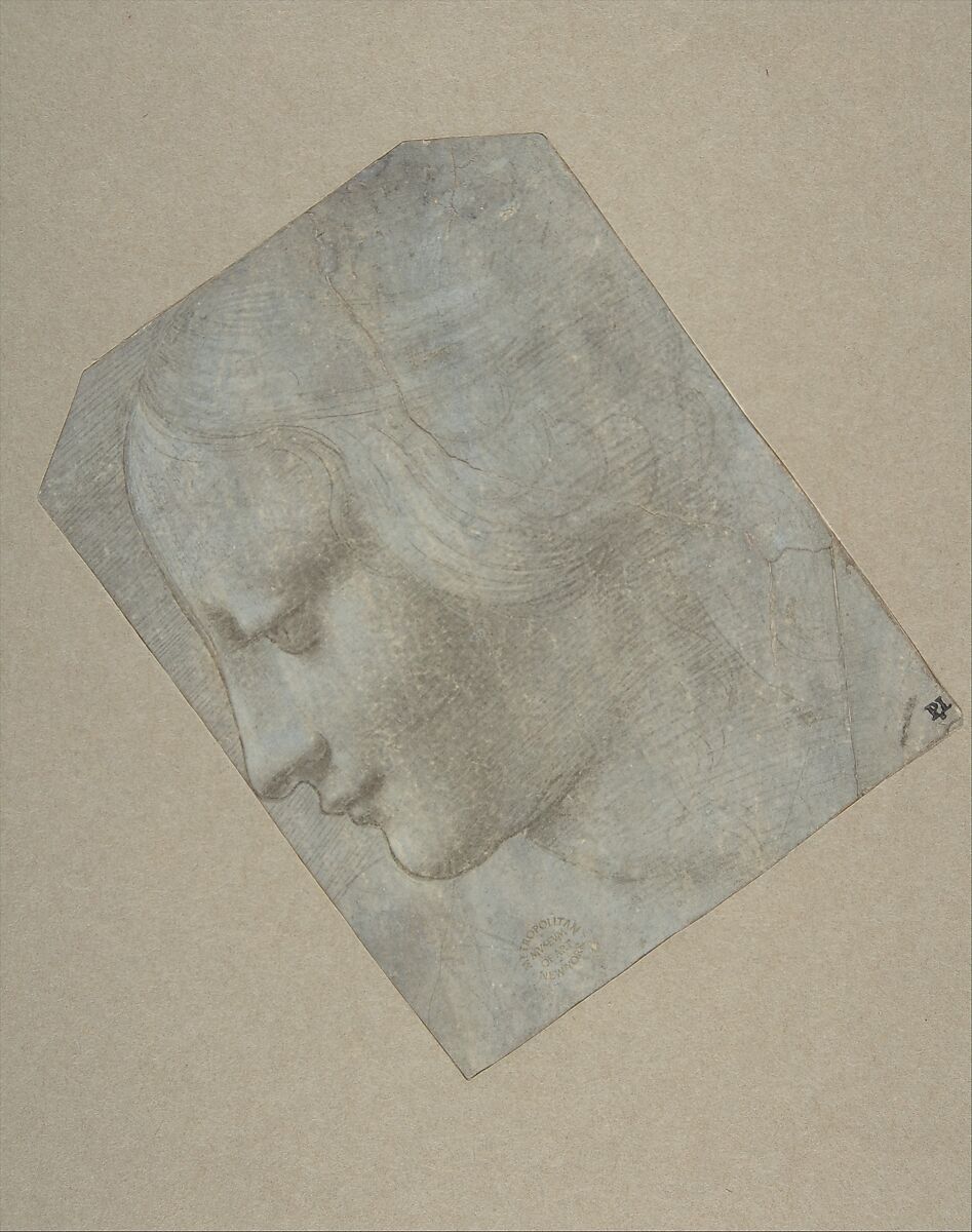 The Head of a Woman in Profile Facing Left, Giovanni Antonio Boltraffio (Italian, Milanese, 1467–1516), Silverpoint and leadpoint, highlighted with white gouache, on pale blue-gray (indigo) prepared paper. Media tested by the Department of Scientific Research, The Metropolitan Museum of Art, with x-ray fluorescence spectroscopy (XRF) and fiber optics reflectance spectroscopy (FORS); October 1, 2019. 