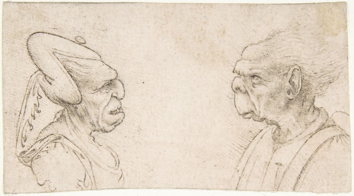 A Grotesque Couple: Old Woman with an Elaborate Headdress and 
Old Man with Large Ears and Lacking a Chin, Attributed to Giovanni Francesco Melzi (Italian, Milan 1491/93–ca. 1570 Vaprio d&#39;Adda), Pen and brown ink 