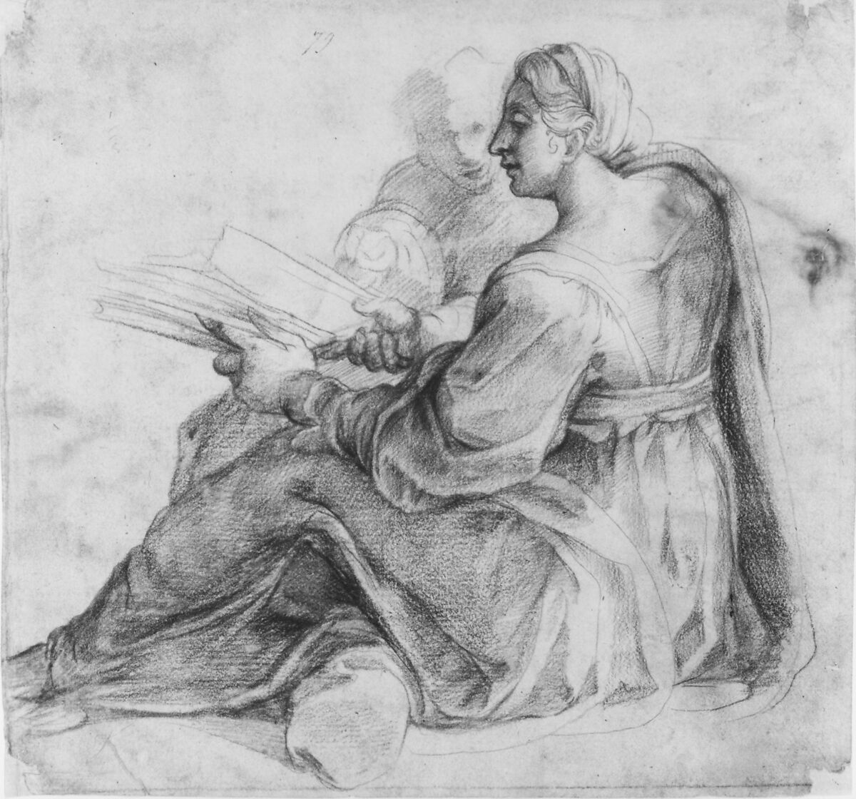 Seated Sibyl and Attendant Genius (recto); Study of the Head of a Horse in Profile (verso), Pirro Ligorio (Italian, Naples ca. 1512/13–1583 Ferrara), Red chalk on beige paper (recto); pen and brown ink (verso)