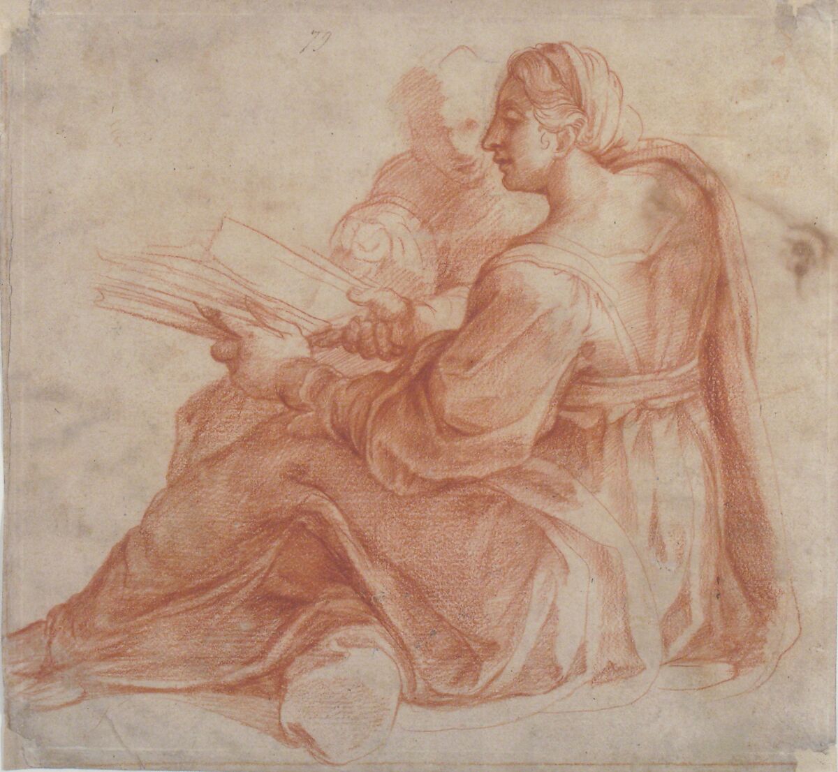Seated Sibyl and Attendant Genius (recto); Study of the Head of a Horse in Profile (verso), Pirro Ligorio (Italian, Naples ca. 1512/13–1583 Ferrara), Red chalk on beige paper (recto); pen and brown ink (verso)