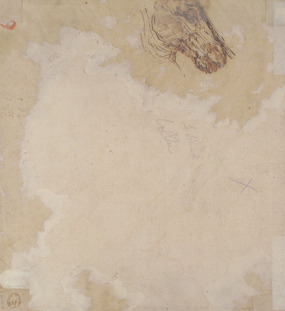 Seated Sibyl and Attendant Genius (recto); Study of the Head of a Horse in Profile (verso), Pirro Ligorio (Italian, Naples ca. 1512/13–1583 Ferrara), Red chalk on beige paper (recto); pen and brown ink (verso)