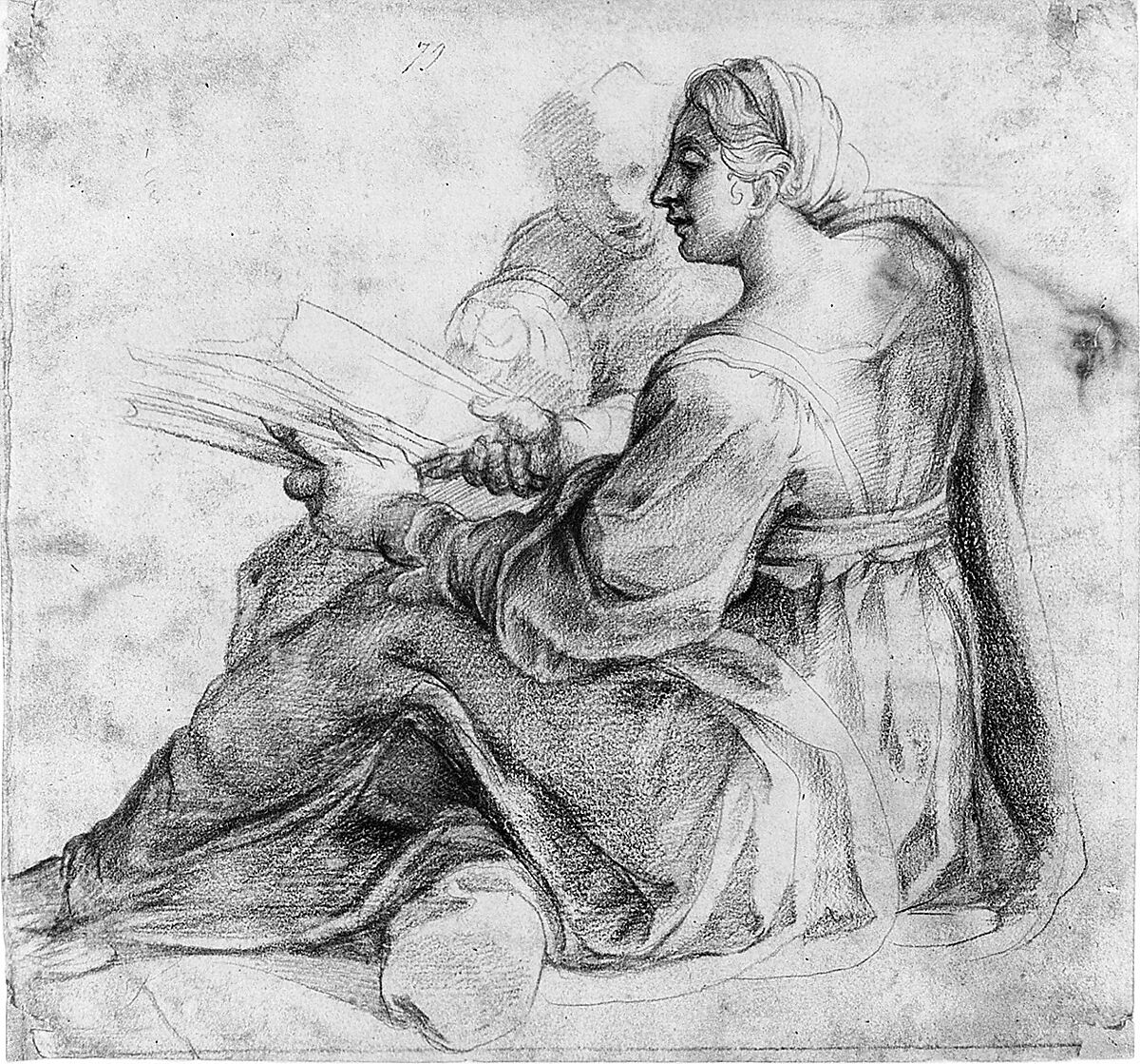 Seated Sibyl and Attendant Genius (recto); Study of the Head of a Horse in Profile (verso), Pirro Ligorio (Italian, Naples ca. 1512/13–1583 Ferrara), Red chalk on beige paper (recto); pen and brown ink (verso)