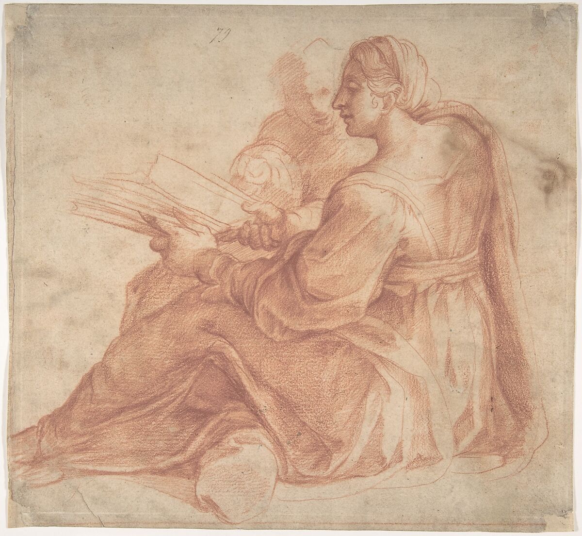 Seated Sibyl and Attendant Genius (recto); Study of the Head of a Horse in Profile (verso), Pirro Ligorio  Italian, Red chalk on beige paper (recto); pen and brown ink (verso)