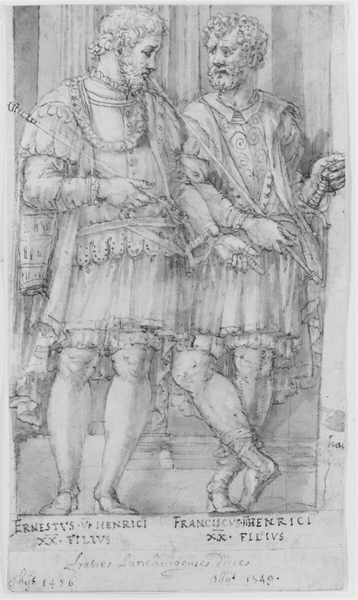 Two Princes of the House of Este: Ernest VI and Francis II, Pirro Ligorio (Italian, Naples ca. 1512/13–1583 Ferrara), Pen and brown ink, brush  and yellow-brown wash, over black chalk