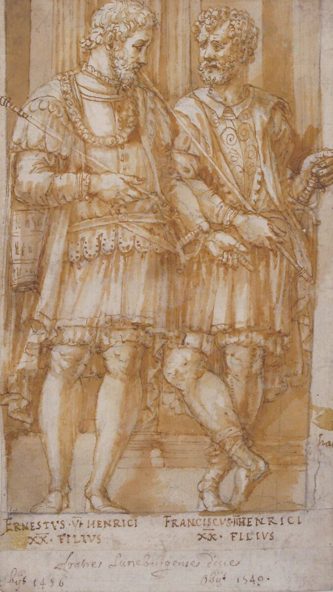 Two Princes of the House of Este: Ernest VI and Francis II, Pirro Ligorio (Italian, Naples ca. 1512/13–1583 Ferrara), Pen and brown ink, brush  and yellow-brown wash, over black chalk