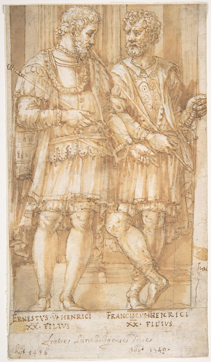 Two Princes of the House of Este: Ernest VI and Francis II, Pirro Ligorio (Italian, Naples ca. 1512/13–1583 Ferrara), Pen and brown ink, brush  and yellow-brown wash, over black chalk 