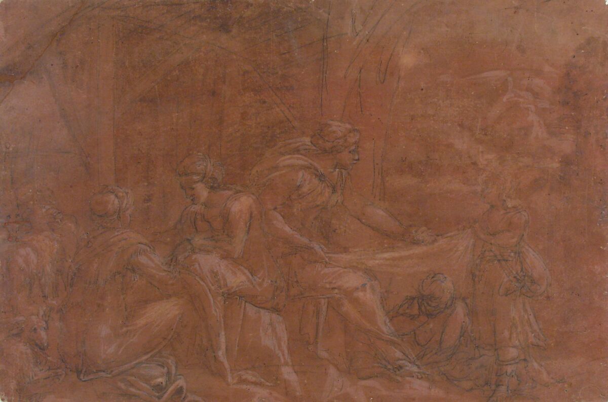 A Domestic Scene, Pirro Ligorio (Italian, Naples ca. 1512/13–1583 Ferrara), Black chalk point of brush and gray wash, highlighted with white, on red prepared paper