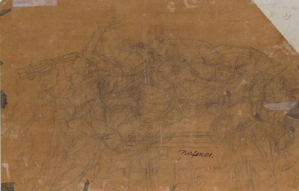 A Domestic Scene, Pirro Ligorio (Italian, Naples ca. 1512/13–1583 Ferrara), Black chalk point of brush and gray wash, highlighted with white, on red prepared paper