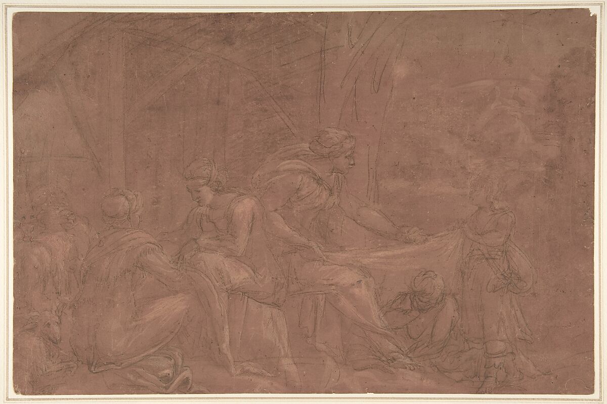 A Domestic Scene, Pirro Ligorio (Italian, Naples ca. 1512/13–1583 Ferrara), Black chalk point of brush and gray wash, highlighted with white, on red prepared paper 