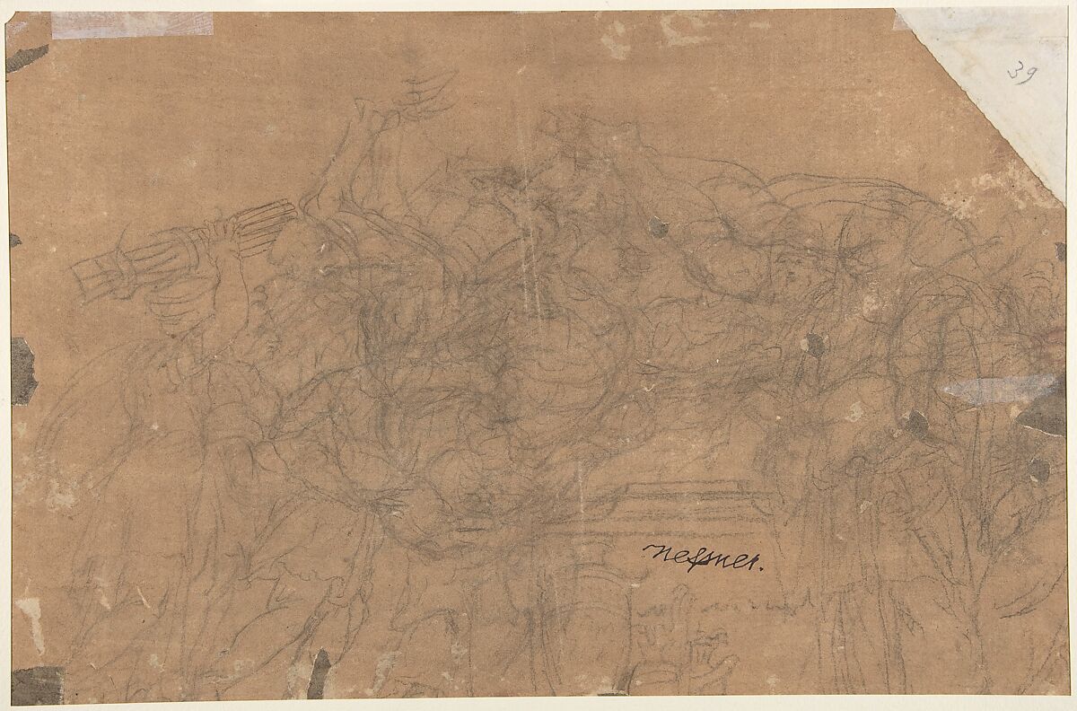 A Domestic Scene, Pirro Ligorio (Italian, Naples ca. 1512/13–1583 Ferrara), Black chalk point of brush and gray wash, highlighted with white, on red prepared paper