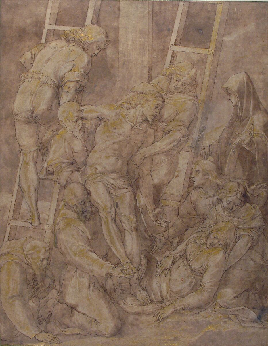The Descent from the Cross with Saint Francis and Another Friar, Jacopo Ligozzi (Italian, Verona 1547–1627 Florence), Pen and brown ink, brush and brown and gray wash, heightened with gold; framing lines in pen and brown ink and gold