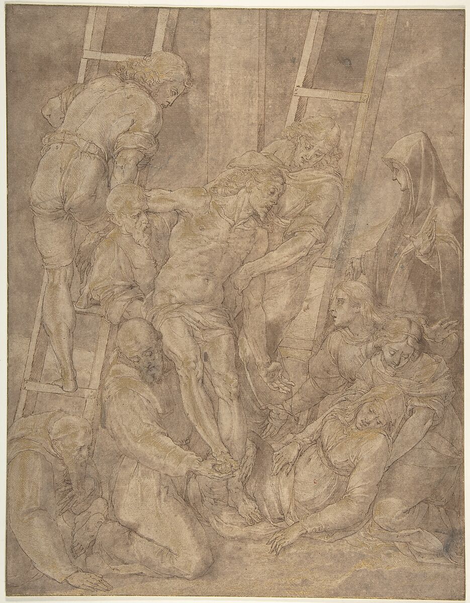 The Descent from the Cross with Saint Francis and Another Friar, Jacopo Ligozzi (Italian, Verona 1547–1627 Florence), Pen and brown ink, brush and brown and gray wash, heightened with gold; framing lines in pen and brown ink and gold 