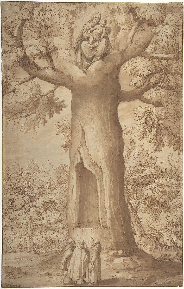 The Beech Tree of the Madonna at La Verna, Jacopo Ligozzi (Italian, Verona 1547–1627 Florence), Pen and brown ink, brush and brown wash and with traces of gray wash, over black chalk 