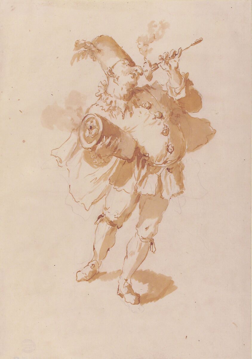 Punchinello with Dumpling or Fritter, Circle of Giovanni Battista Tiepolo (Italian, Venice 1696–1770 Madrid), Pen and brown ink, brush and brown wash, over leadpoint or black chalk