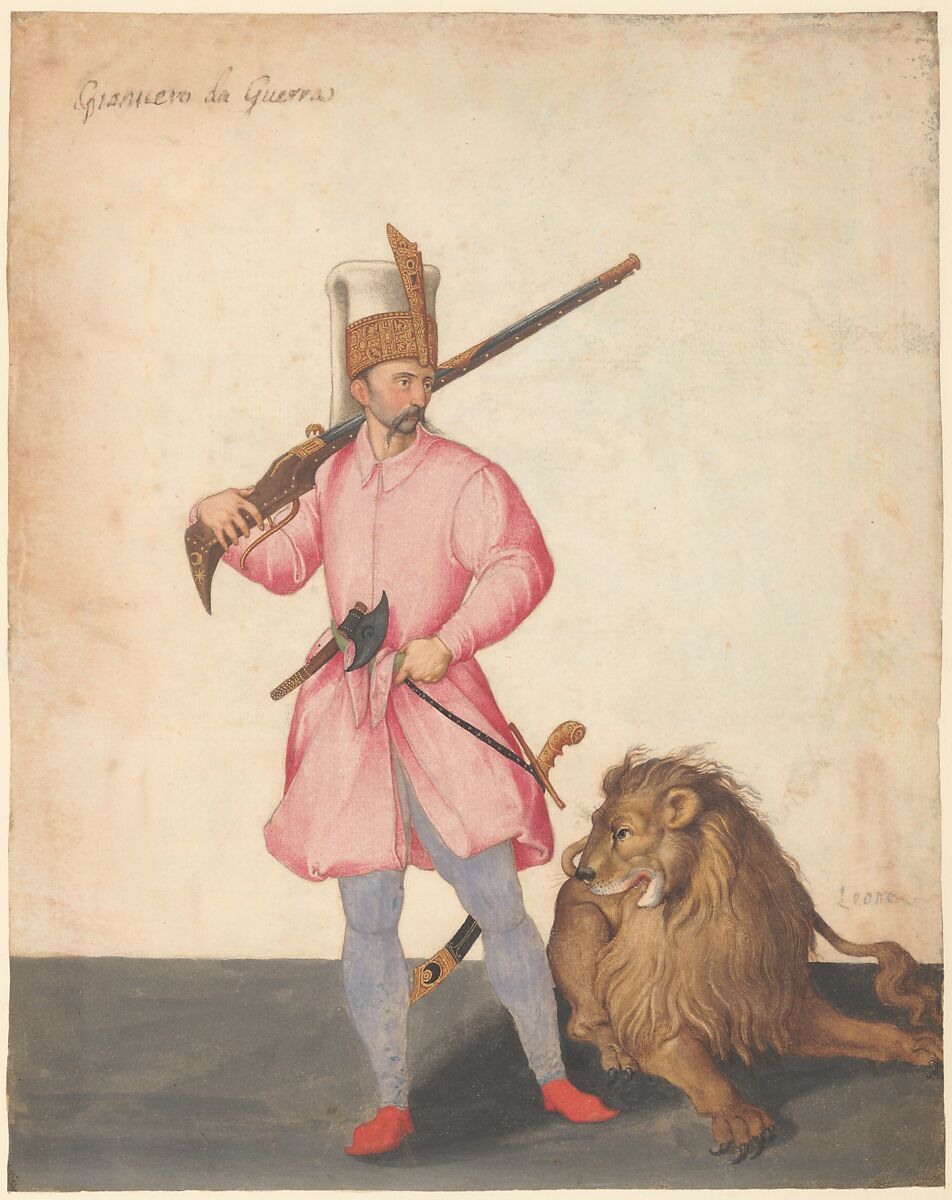 A Janissary "of War" with a Lion, Jacopo Ligozzi (Italian, Verona 1547–1627 Florence), Watercolor, gouache, gold paint, gum arabic, and burnishing 