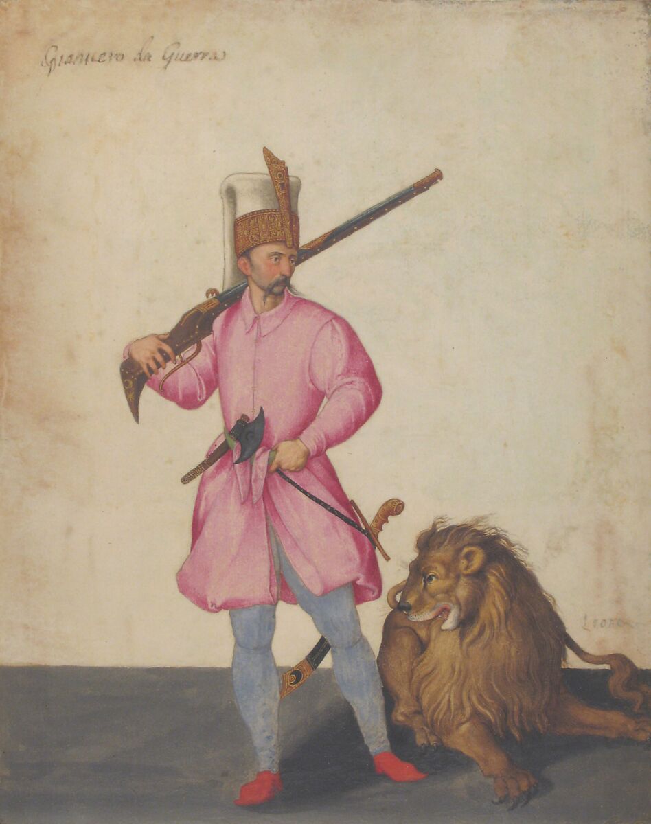 A Janissary "of War" with a Lion, Jacopo Ligozzi (Italian, Verona 1547–1627 Florence), Watercolor, gouache, gold paint, gum arabic, and burnishing