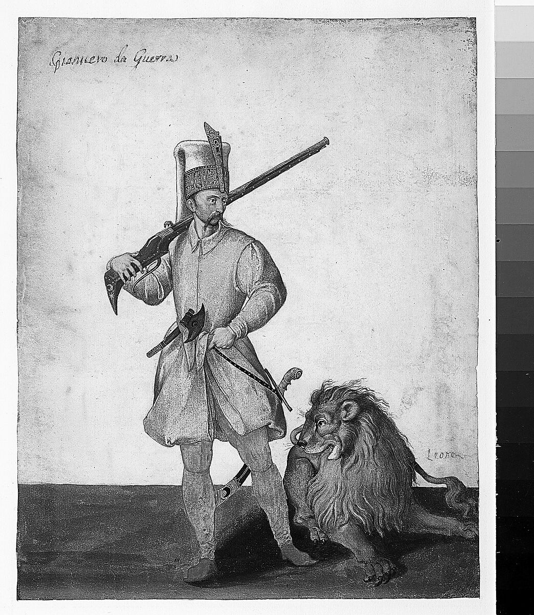 A Janissary "of War" with a Lion, Jacopo Ligozzi (Italian, Verona 1547–1627 Florence), Watercolor, gouache, gold paint, gum arabic, and burnishing