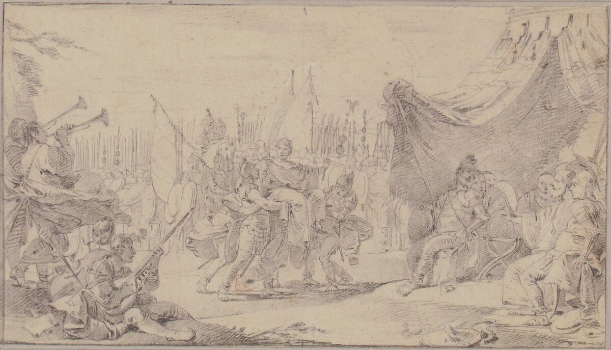 Illustration for a Book: General Carried in Triumph, Giovanni Battista Tiepolo (Italian, Venice 1696–1770 Madrid), Graphite or black chalk. Traces of reworking in red chalk. Horizontal and vertical centering lines ruled in faint graphite or black chalk