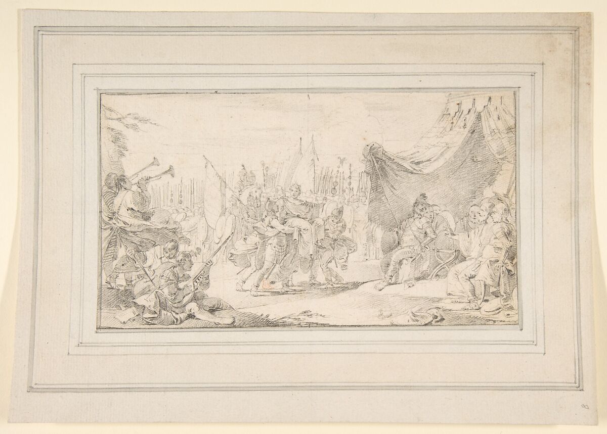Illustration for a Book: General Carried in Triumph, Giovanni Battista Tiepolo (Italian, Venice 1696–1770 Madrid), Graphite or black chalk. Traces of reworking in red chalk. Horizontal and vertical centering lines ruled in faint graphite or black chalk