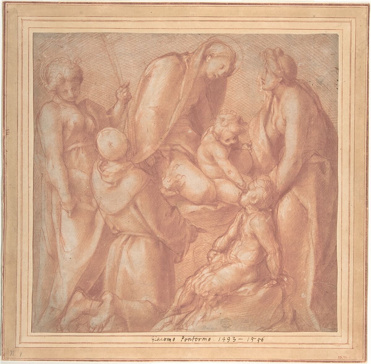 Virgin and Child with Saint Elizabeth, the Infant Baptist, Saint Anthony of Padua, and a Female Martyr, Jacopo da Pontormo (Jacopo Carucci) (Italian, Pontormo 1494–1556 Florence), Red chalk, brush and red wash 