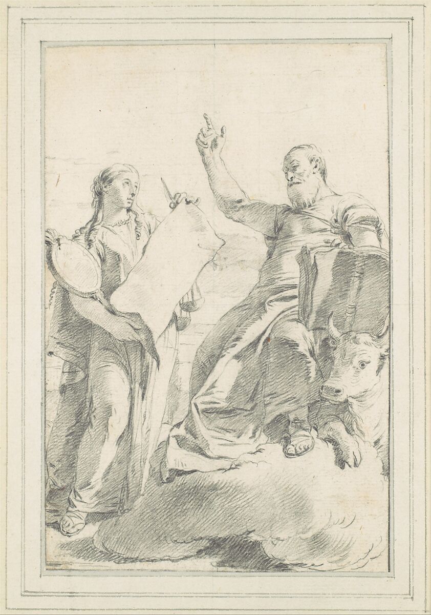 Illustration for a Book: Saint Luke with a Female Allegorical Figure, Giovanni Battista Tiepolo (Italian, Venice 1696–1770 Madrid), Black chalk.  Horizontal and vertical centering lines ruled in faint black chalk