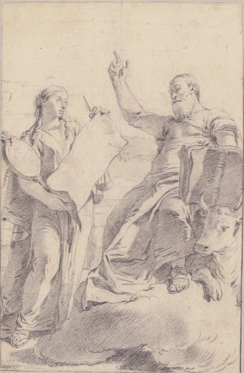Illustration for a Book: Saint Luke with a Female Allegorical Figure, Giovanni Battista Tiepolo (Italian, Venice 1696–1770 Madrid), Black chalk.  Horizontal and vertical centering lines ruled in faint black chalk