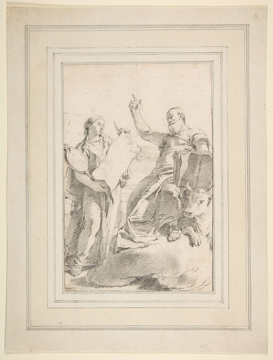 Illustration for a Book: Saint Luke with a Female Allegorical Figure, Giovanni Battista Tiepolo (Italian, Venice 1696–1770 Madrid), Black chalk.  Horizontal and vertical centering lines ruled in faint black chalk