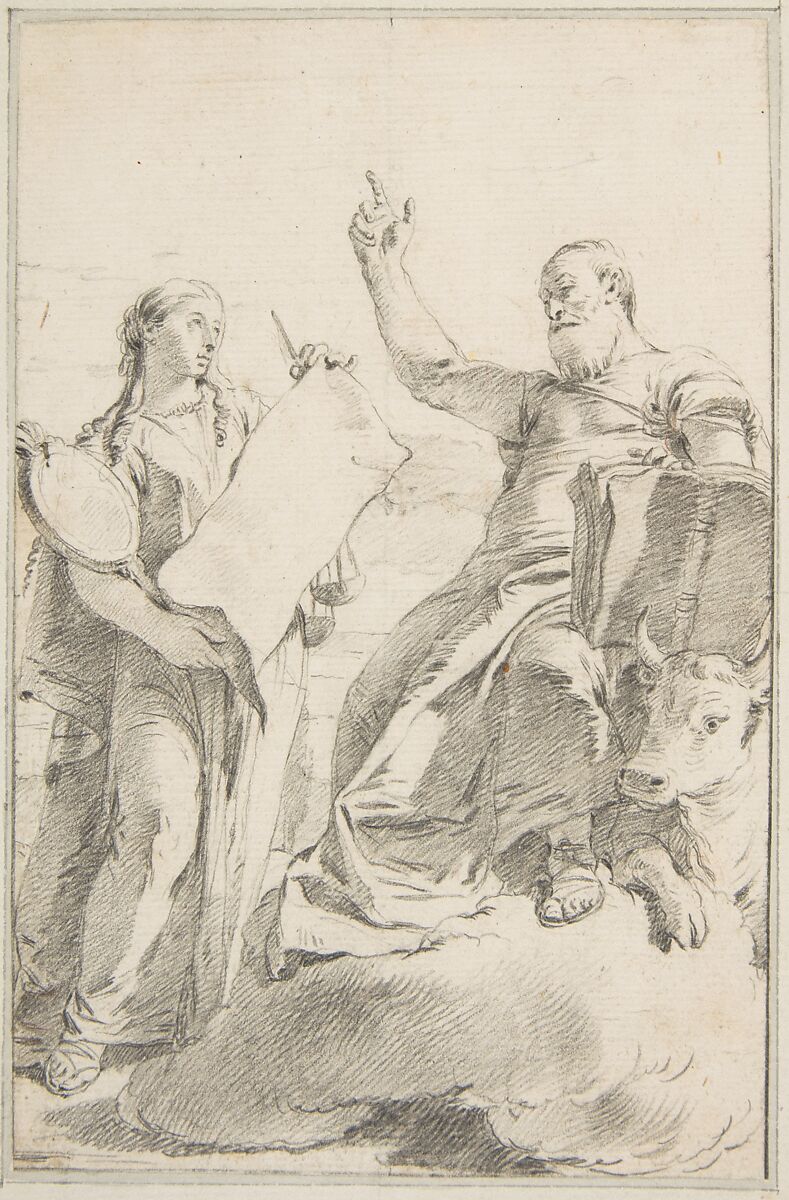 Illustration for a Book: Saint Luke with a Female Allegorical Figure, Giovanni Battista Tiepolo (Italian, Venice 1696–1770 Madrid), Black chalk.  Horizontal and vertical centering lines ruled in faint black chalk 