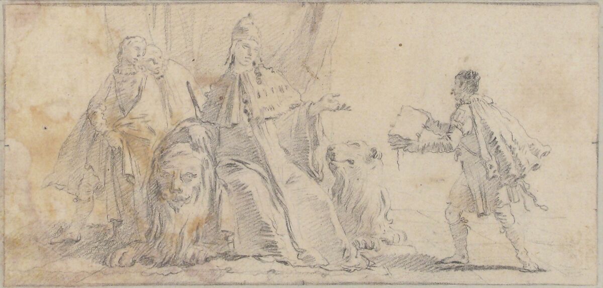 Illustration for a Book:  Allegory of Venice, Giovanni Battista Tiepolo (Italian, Venice 1696–1770 Madrid), Black chalk.   Horizontal and vertical centering lines ruled in faint black chalk