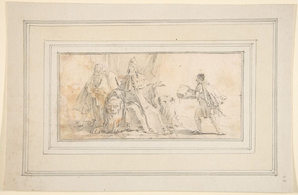 Illustration for a Book:  Allegory of Venice, Giovanni Battista Tiepolo (Italian, Venice 1696–1770 Madrid), Black chalk.   Horizontal and vertical centering lines ruled in faint black chalk
