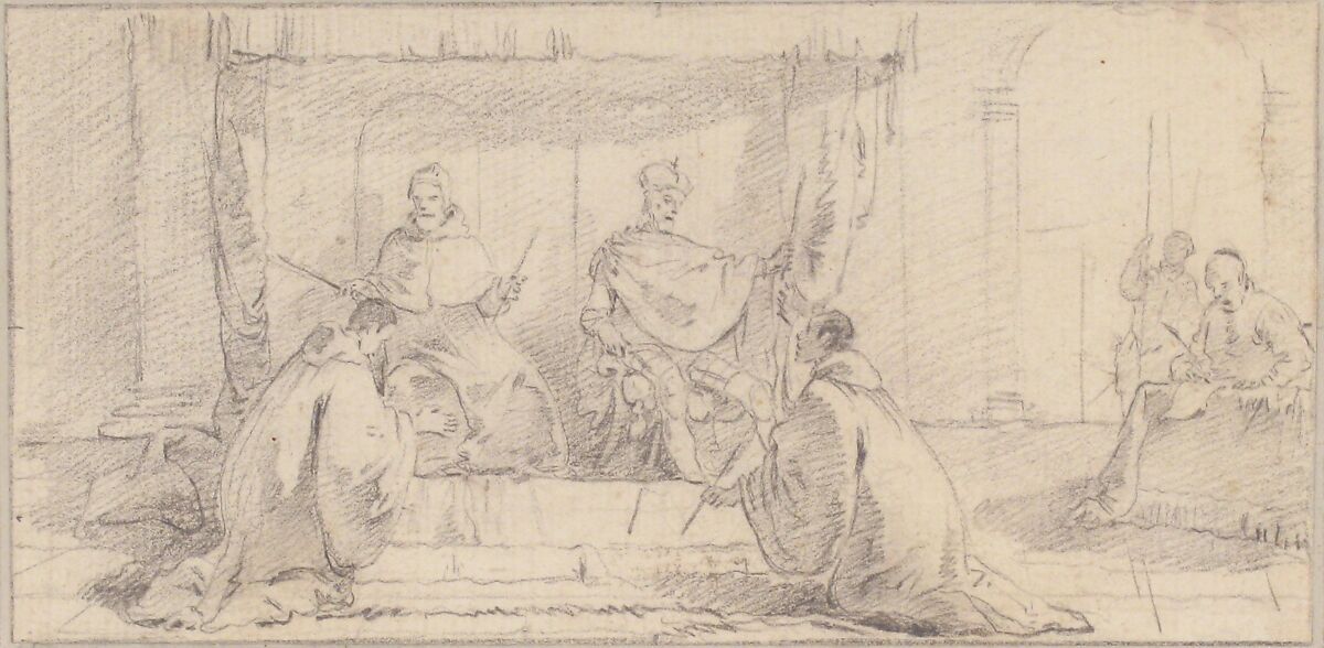 Illustration for a Book:  Two Monks Kneeling before a Doge and an Emperor (Doge Ziani and Emperor Barbarossa?), Giovanni Battista Tiepolo (Italian, Venice 1696–1770 Madrid), Black chalk.   Horizontal and vertical centering lines ruled in faint black chalk