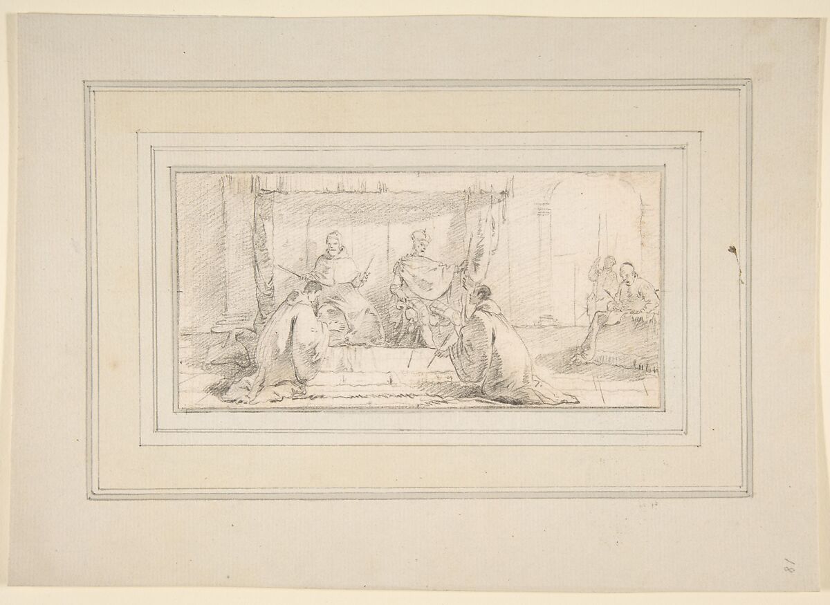 Illustration for a Book:  Two Monks Kneeling before a Doge and an Emperor (Doge Ziani and Emperor Barbarossa?), Giovanni Battista Tiepolo (Italian, Venice 1696–1770 Madrid), Black chalk.   Horizontal and vertical centering lines ruled in faint black chalk