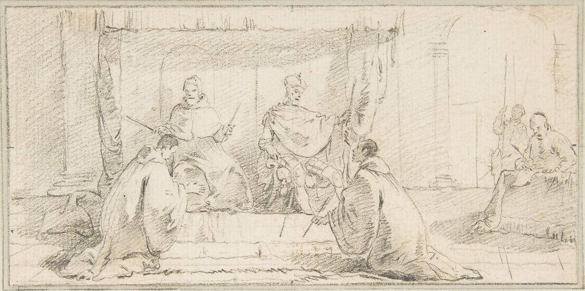 Illustration for a Book:  Two Monks Kneeling before a Doge and an Emperor (Doge Ziani and Emperor Barbarossa?), Giovanni Battista Tiepolo (Italian, Venice 1696–1770 Madrid), Black chalk.   Horizontal and vertical centering lines ruled in faint black chalk 