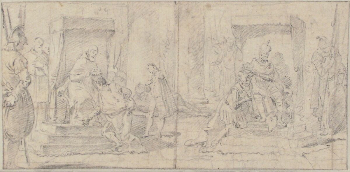 Illustration for a Book:  Two Scenes of Coronation, Giovanni Battista Tiepolo (Italian, Venice 1696–1770 Madrid), Black chalk.   Horizontal and vertical centering lines ruled in faint black chalk