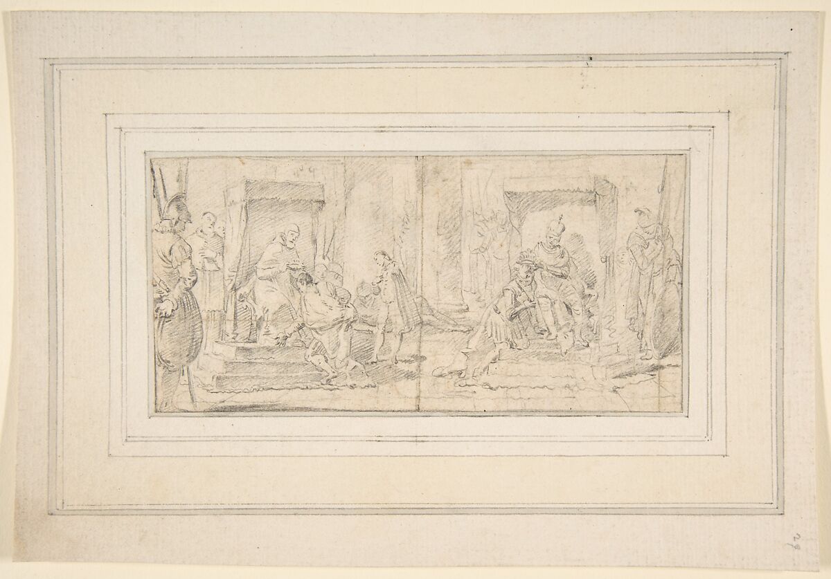 Illustration for a Book:  Two Scenes of Coronation, Giovanni Battista Tiepolo (Italian, Venice 1696–1770 Madrid), Black chalk.   Horizontal and vertical centering lines ruled in faint black chalk