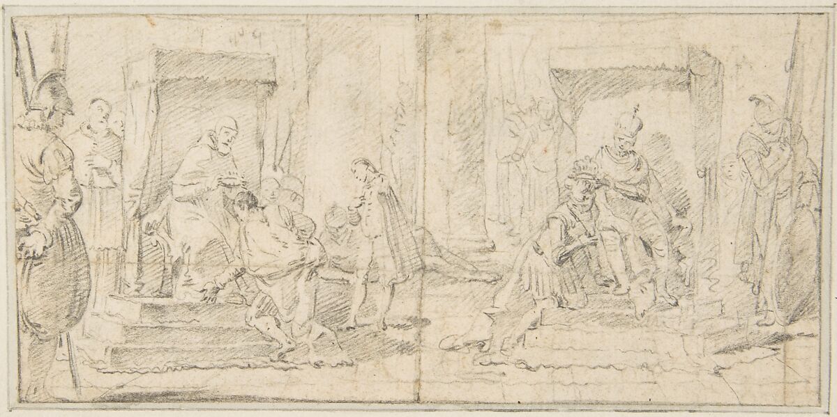 Illustration for a Book:  Two Scenes of Coronation, Giovanni Battista Tiepolo (Italian, Venice 1696–1770 Madrid), Black chalk.   Horizontal and vertical centering lines ruled in faint black chalk 