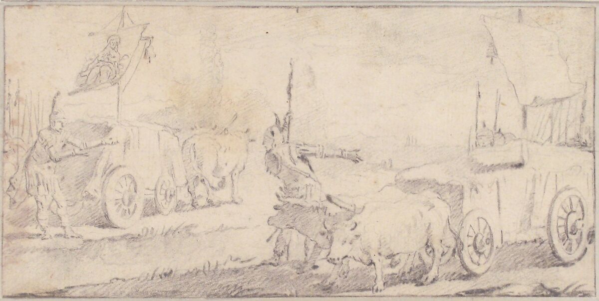 Illustration for a Book:  Soldiers Driving Ox Carts with Banners, Giovanni Battista Tiepolo (Italian, Venice 1696–1770 Madrid), Black chalk.   Horizontal and vertical centering lines ruled in faint black chalk
