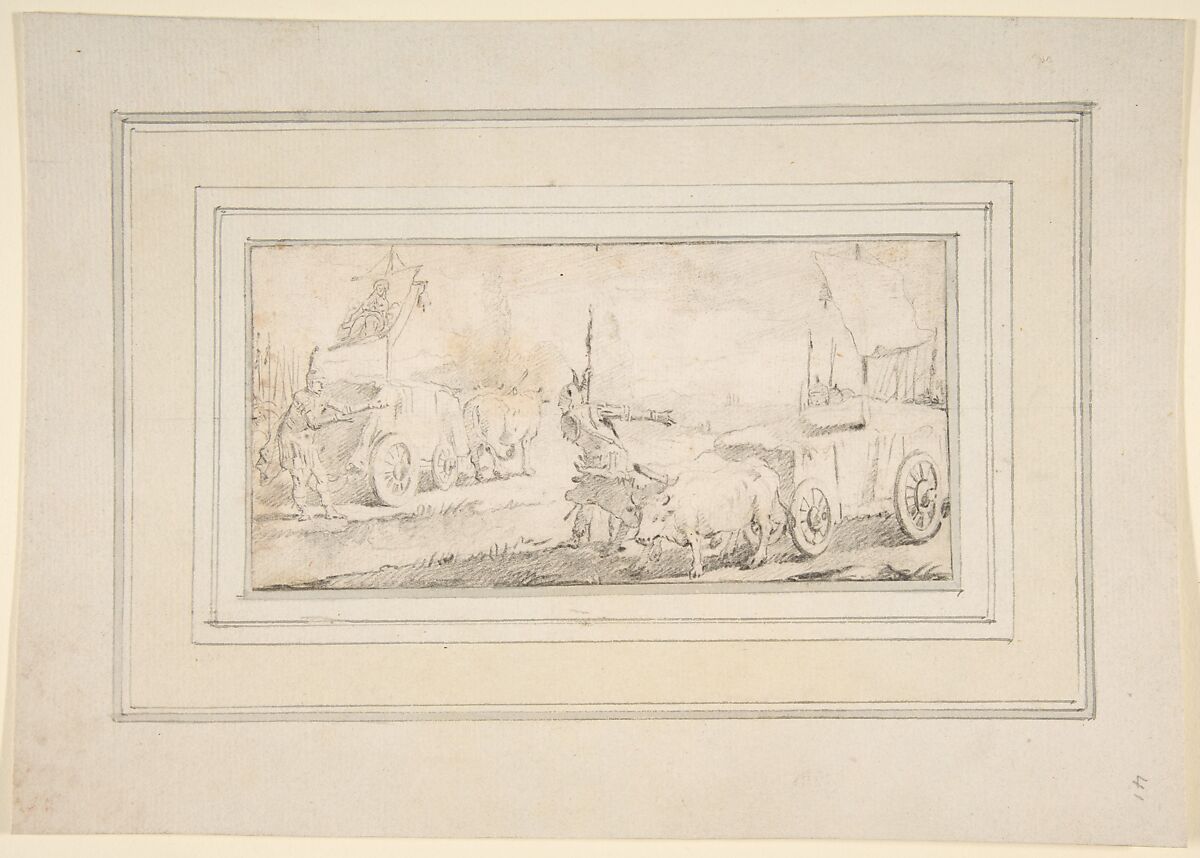 Illustration for a Book:  Soldiers Driving Ox Carts with Banners, Giovanni Battista Tiepolo (Italian, Venice 1696–1770 Madrid), Black chalk.   Horizontal and vertical centering lines ruled in faint black chalk