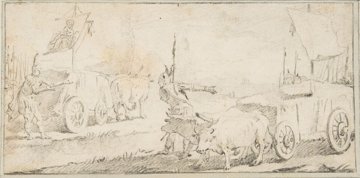 Illustration for a Book:  Soldiers Driving Ox Carts with Banners, Giovanni Battista Tiepolo (Italian, Venice 1696–1770 Madrid), Black chalk.   Horizontal and vertical centering lines ruled in faint black chalk 