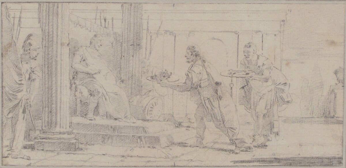 Illustration for a Book:  Soldiers Offering the Decapitated Head of a Man and Keys to a General, Giovanni Battista Tiepolo (Italian, Venice 1696–1770 Madrid), Black chalk reworked with traces of red chalk.   Horizontal and vertical centering lines ruled in faint black chalk
