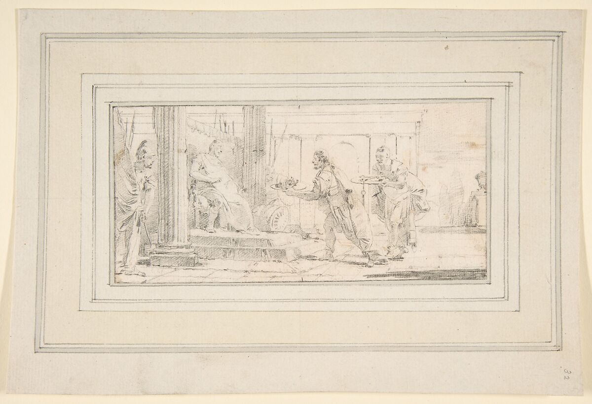 Illustration for a Book:  Soldiers Offering the Decapitated Head of a Man and Keys to a General, Giovanni Battista Tiepolo (Italian, Venice 1696–1770 Madrid), Black chalk reworked with traces of red chalk.   Horizontal and vertical centering lines ruled in faint black chalk