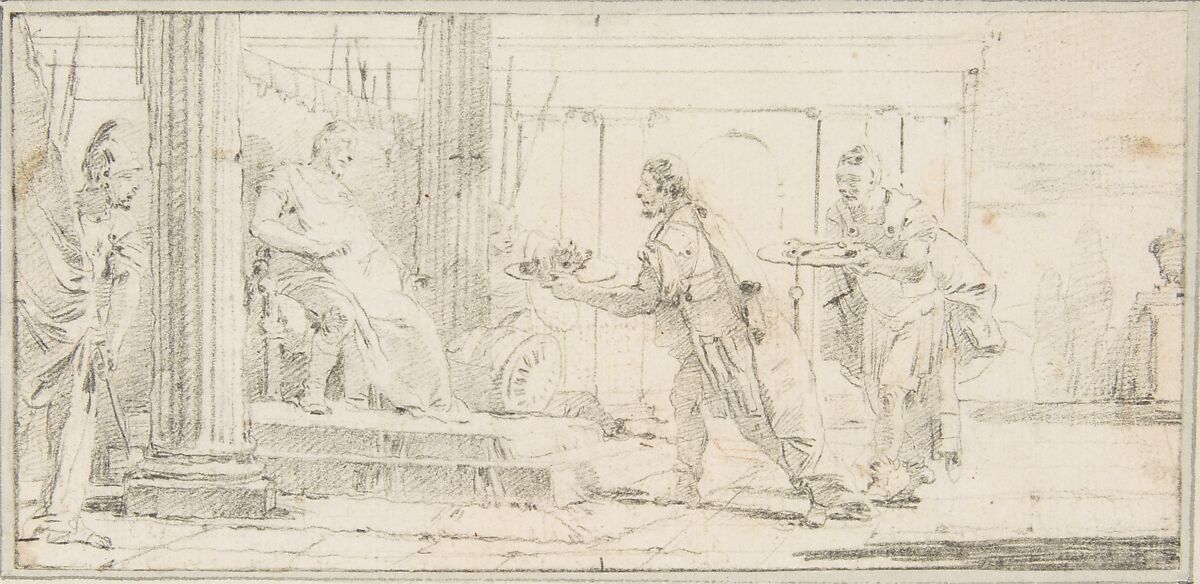Illustration for a Book:  Soldiers Offering the Decapitated Head of a Man and Keys to a General, Giovanni Battista Tiepolo (Italian, Venice 1696–1770 Madrid), Black chalk reworked with traces of red chalk.   Horizontal and vertical centering lines ruled in faint black chalk 