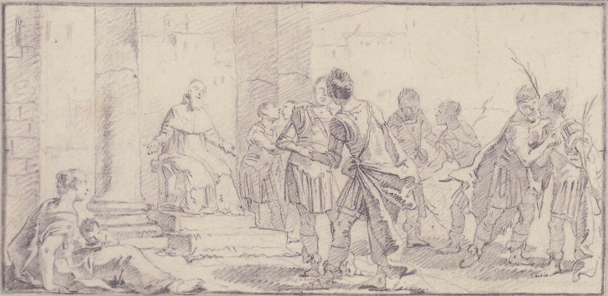 Illustration for a Book:  Scene of Peacemaking, Giovanni Battista Tiepolo (Italian, Venice 1696–1770 Madrid), Black chalk.   Horizontal and vertical centering lines ruled in faint black chalk