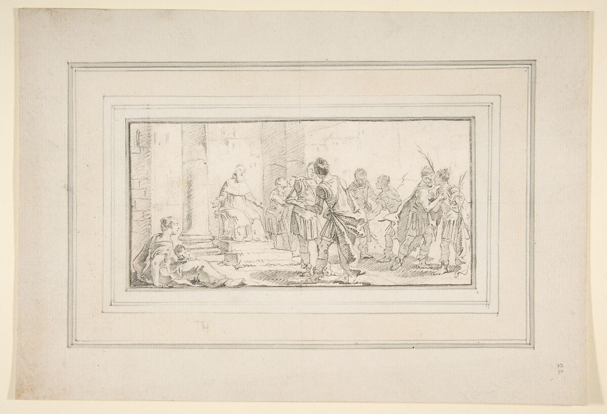 Illustration for a Book:  Scene of Peacemaking, Giovanni Battista Tiepolo (Italian, Venice 1696–1770 Madrid), Black chalk.   Horizontal and vertical centering lines ruled in faint black chalk