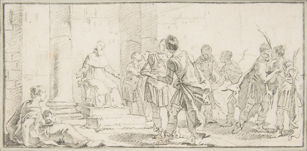 Illustration for a Book:  Scene of Peacemaking, Giovanni Battista Tiepolo (Italian, Venice 1696–1770 Madrid), Black chalk.   Horizontal and vertical centering lines ruled in faint black chalk 
