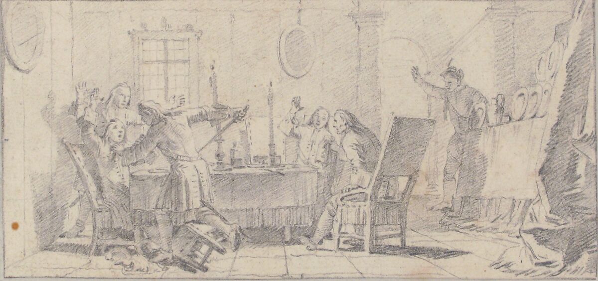 Illustration for a Book:  Scene of a Murder in an Interior, Giovanni Battista Tiepolo (Italian, Venice 1696–1770 Madrid), Black chalk.   Horizontal and vertical centering lines ruled in faint black chalk
